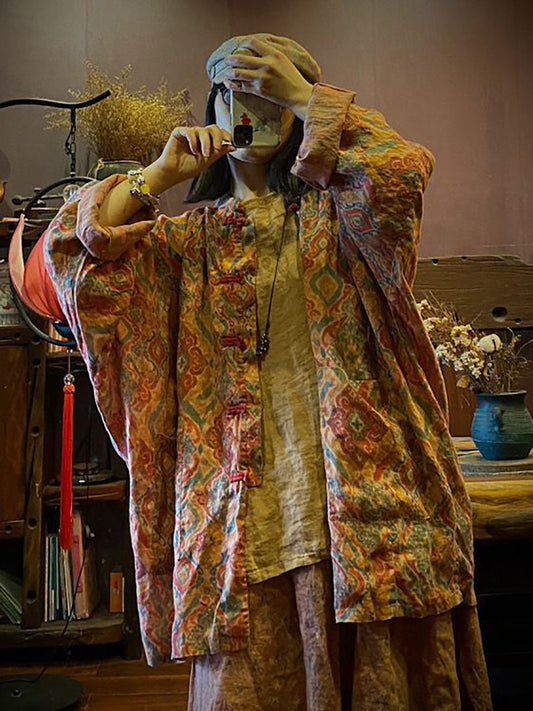 Autumn Print 100%linen Button-up Coat Ah1015