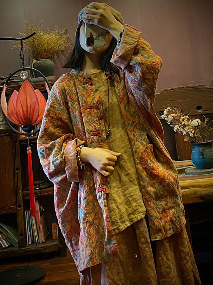 Autumn Print 100%linen Button-up Coat Ah1015