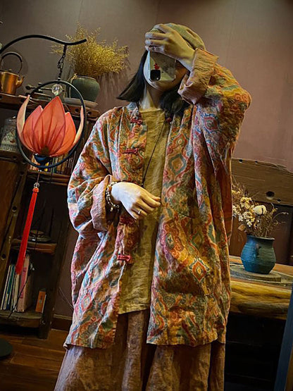 Autumn Print 100%linen Button-up Coat Ah1015
