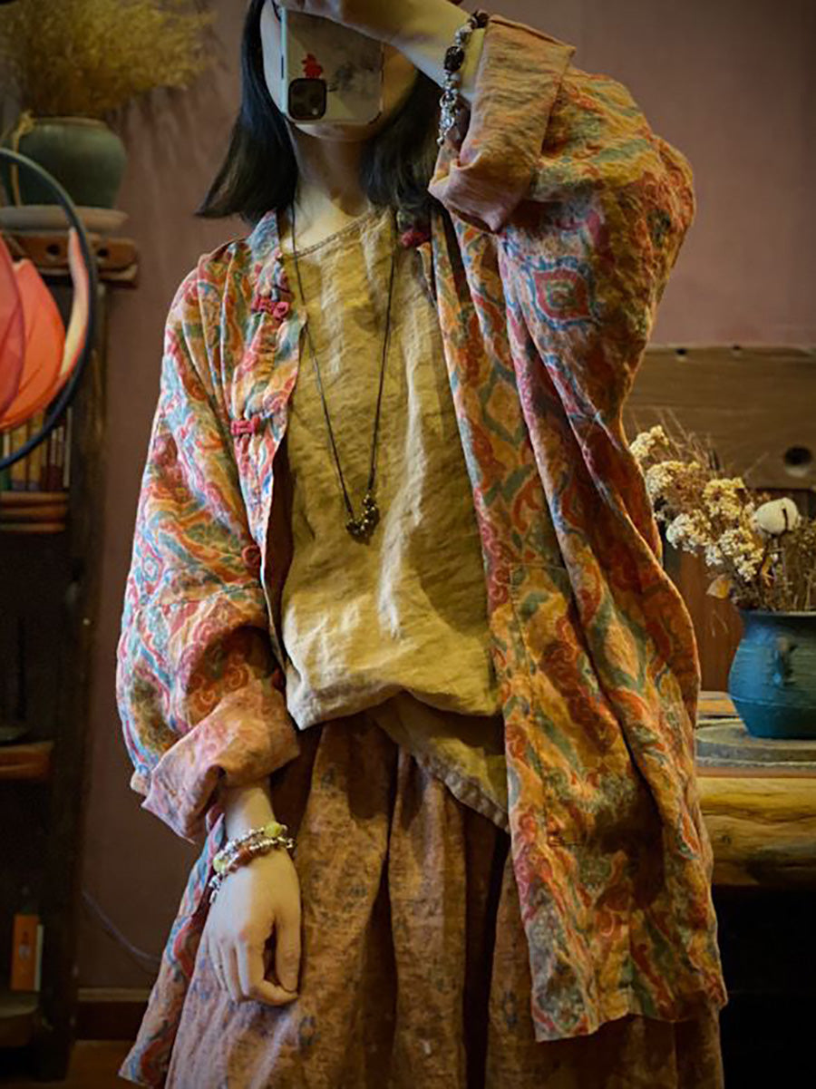 Autumn Print 100%linen Button-up Coat Ah1015