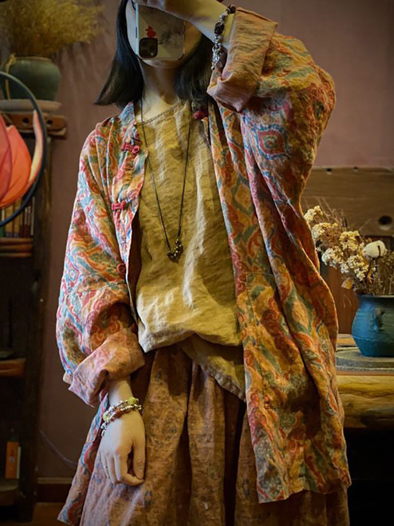 Autumn Print 100%linen Button-up Coat Ah1015