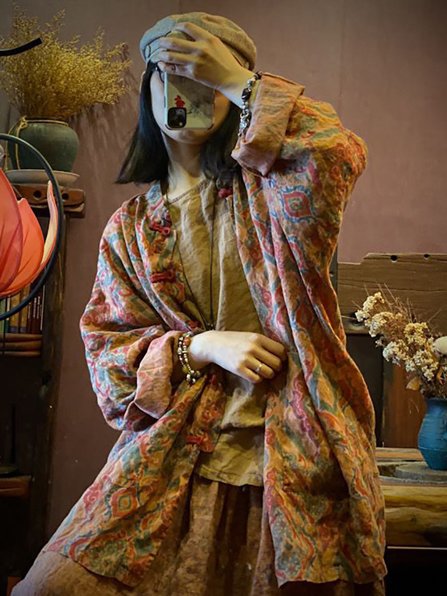 Autumn Print 100%linen Button-up Coat Ah1015