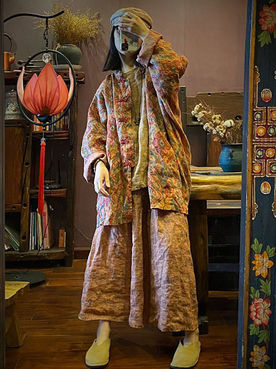 Autumn Print 100%linen Button-up Coat Ah1015