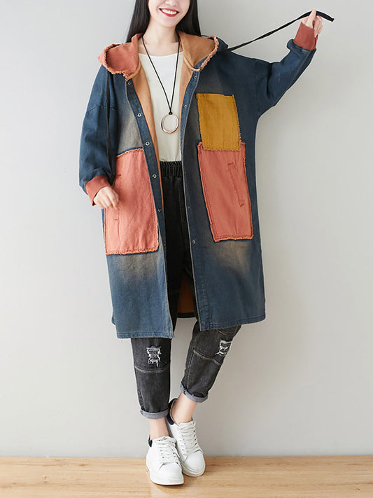 Autumn Artsy Colorblock Denim Hooded Coat Ah1031