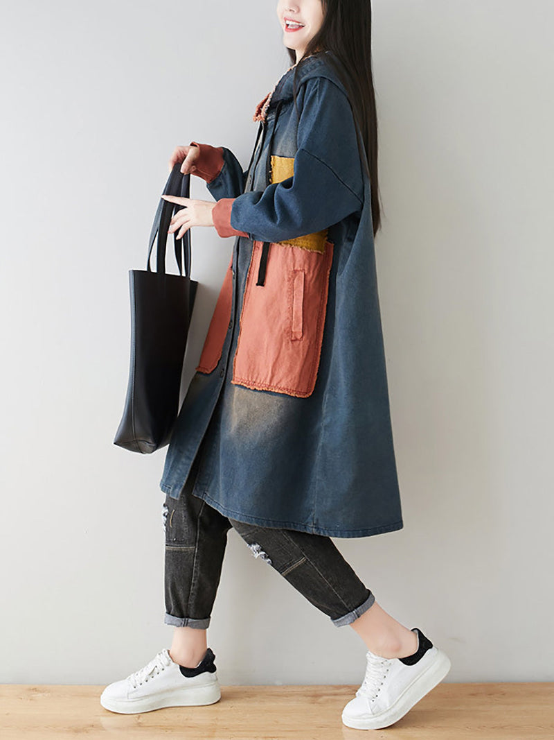 Autumn Artsy Colorblock Denim Hooded Coat Ah1031