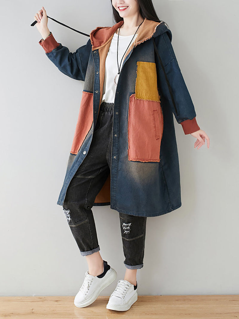 Autumn Artsy Colorblock Denim Hooded Coat Ah1031
