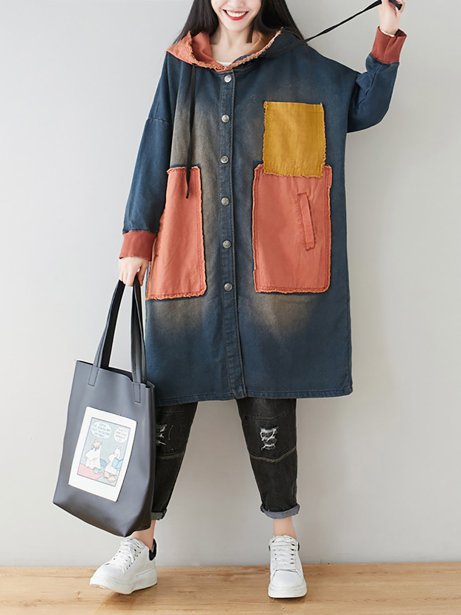 Autumn Artsy Colorblock Denim Hooded Coat Ah1031
