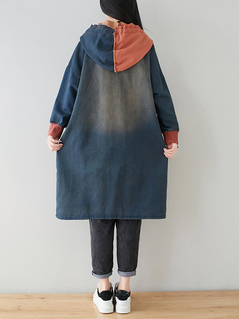 Autumn Artsy Colorblock Denim Hooded Coat Ah1031