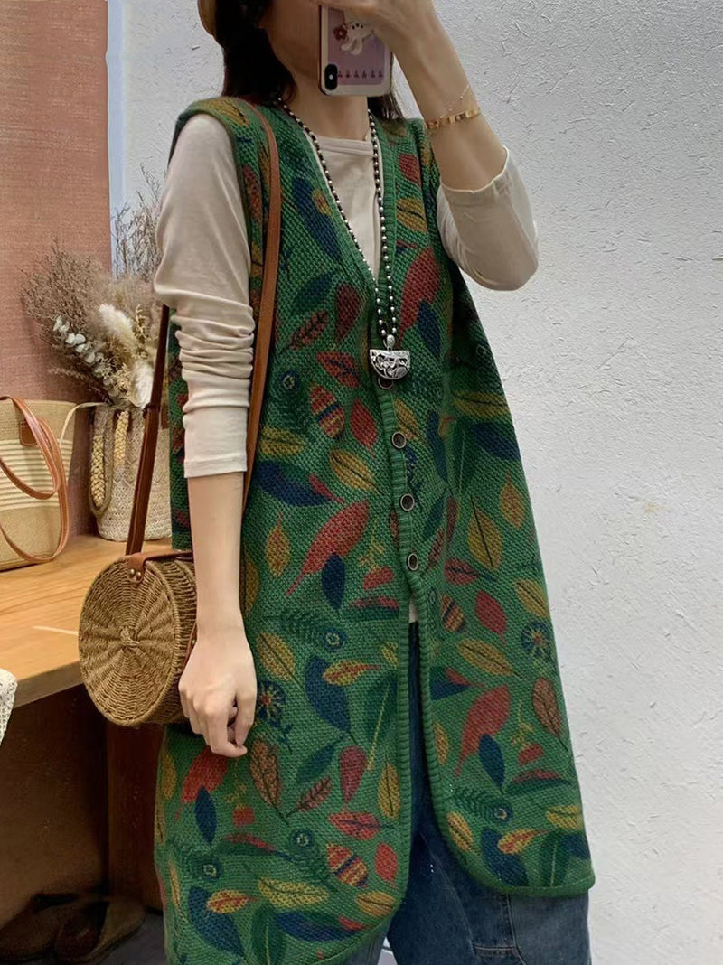 Autumn Artsy Leaf Print Knit V-neck Vest Coat Ah1036