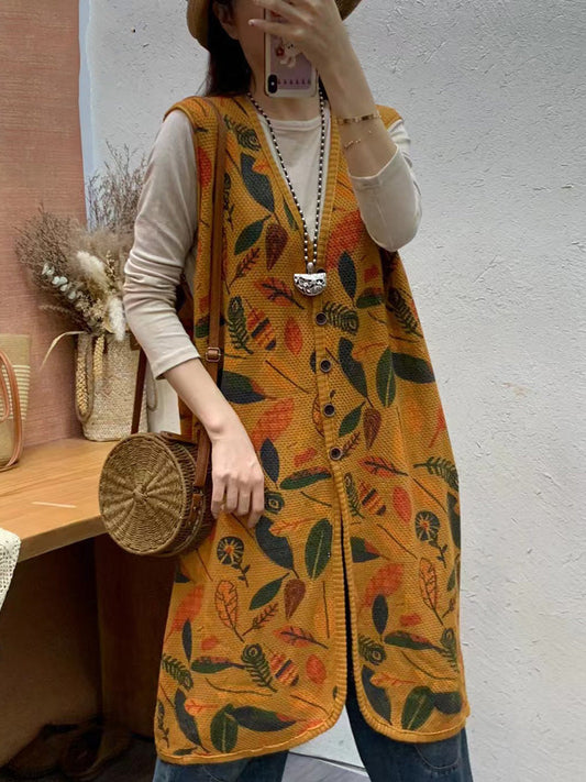 Autumn Artsy Leaf Print Knit V-neck Vest Coat Ah1036