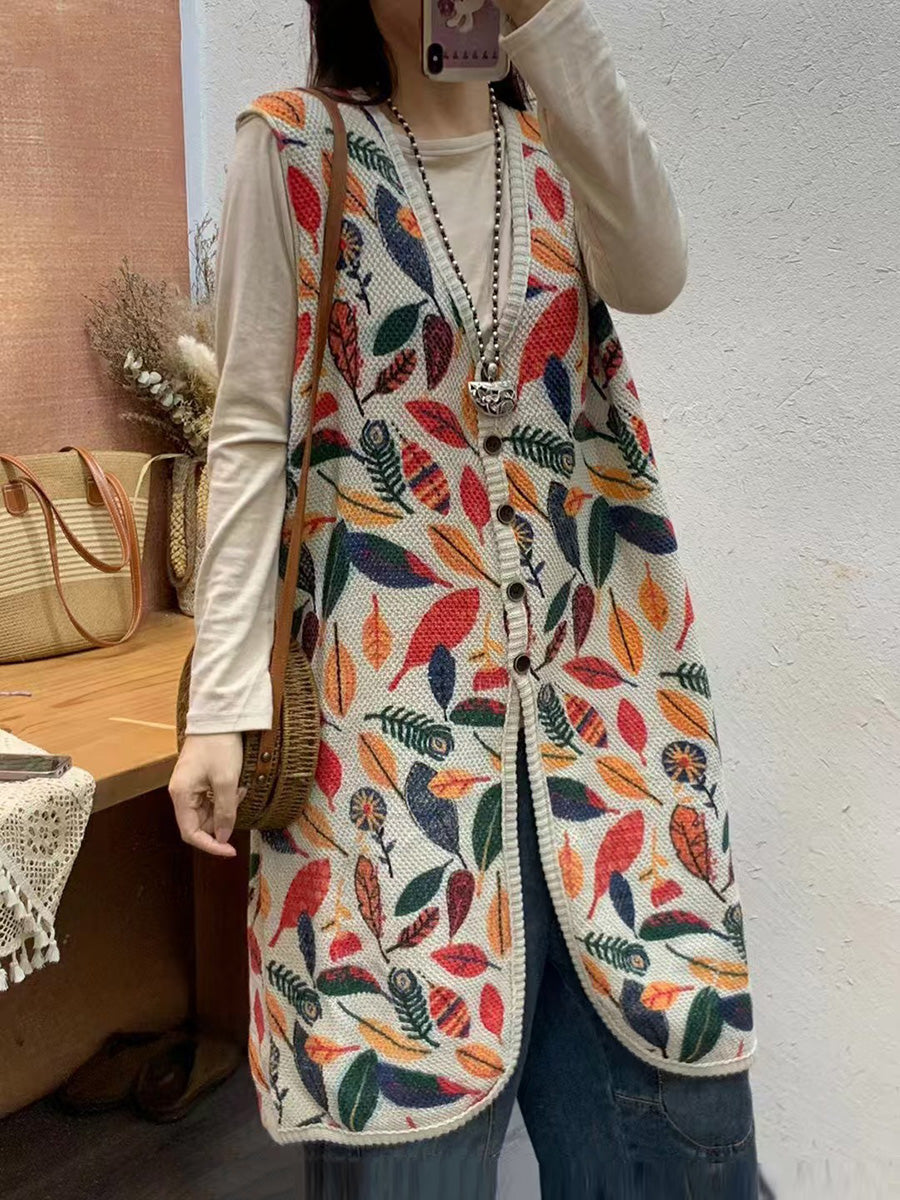 Autumn Artsy Leaf Print Knit V-neck Vest Coat Ah1036