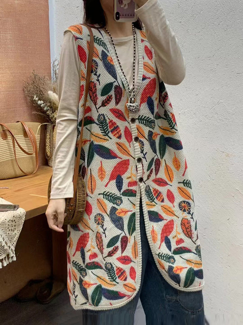 Autumn Artsy Leaf Print Knit V-neck Vest Coat Ah1036