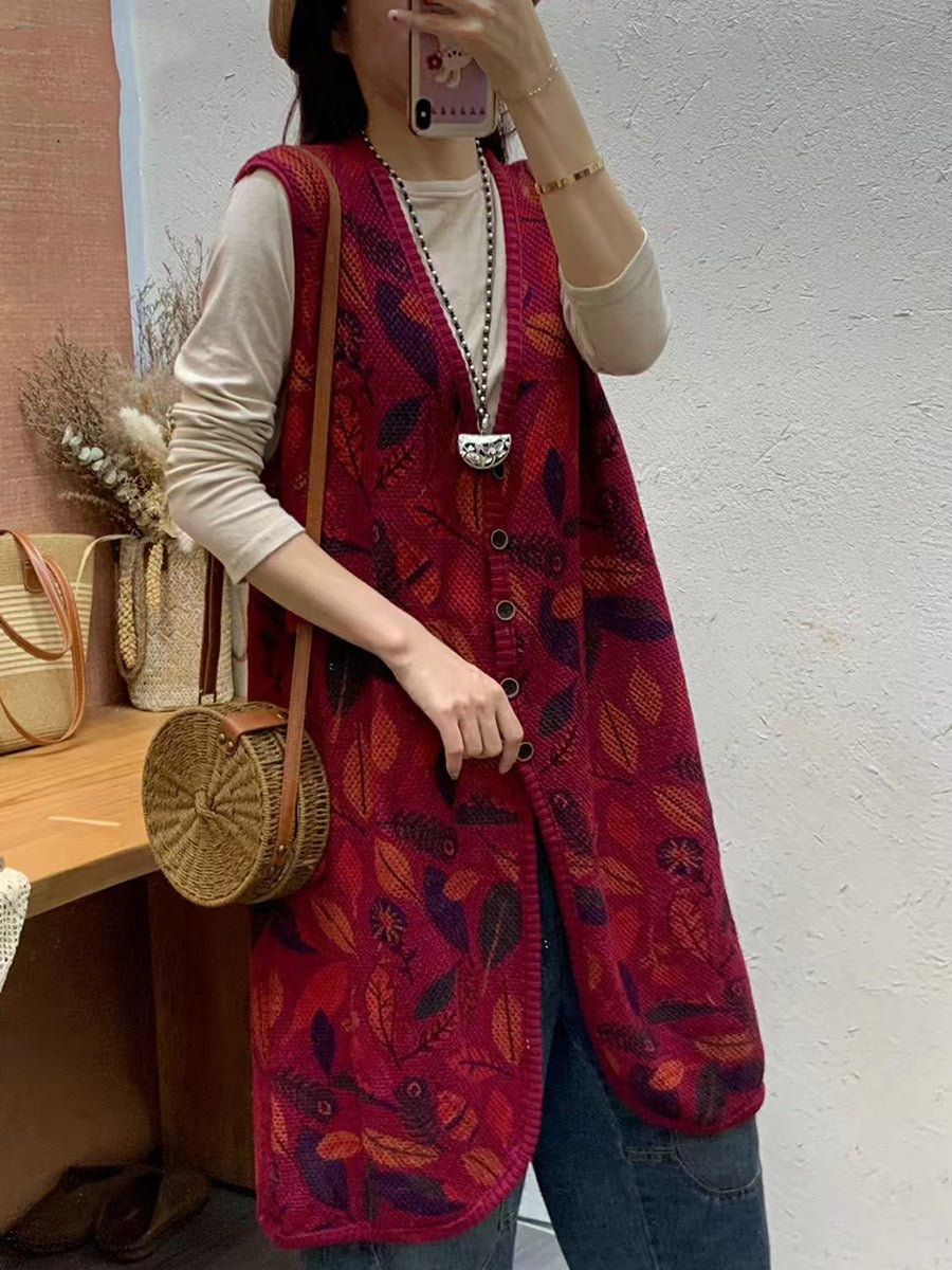 Autumn Artsy Leaf Print Knit V-neck Vest Coat Ah1036