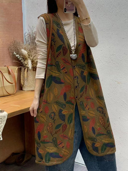 Autumn Artsy Leaf Print Knit V-neck Vest Coat Ah1036