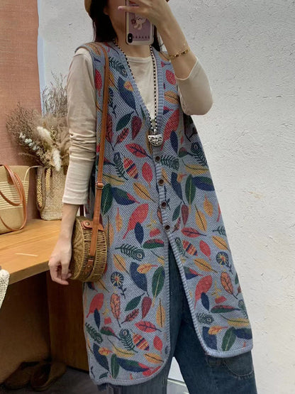 Autumn Artsy Leaf Print Knit V-neck Vest Coat Ah1036