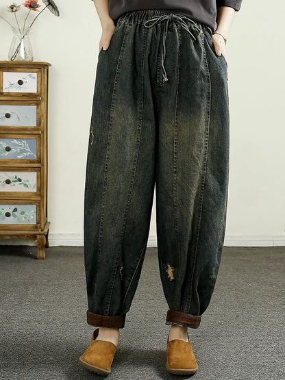 Autumn Retro Frayed Denim Spliced Harem Pants Ah1055