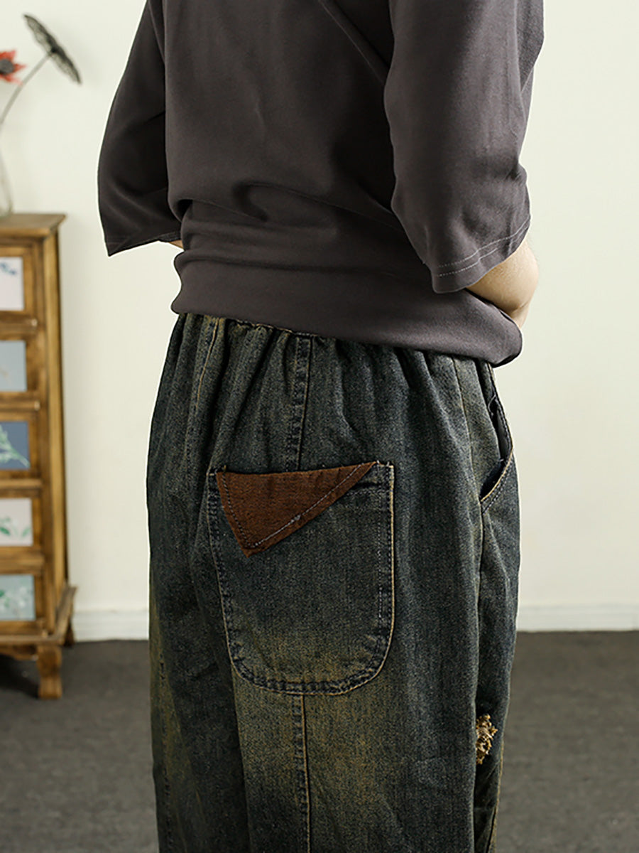 Autumn Retro Frayed Denim Spliced Harem Pants Ah1055