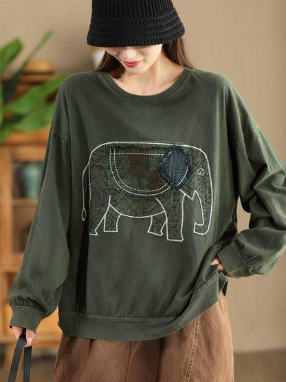 Autumn Patch Elephant O-neck Cotton Sweatshirt Ak1017