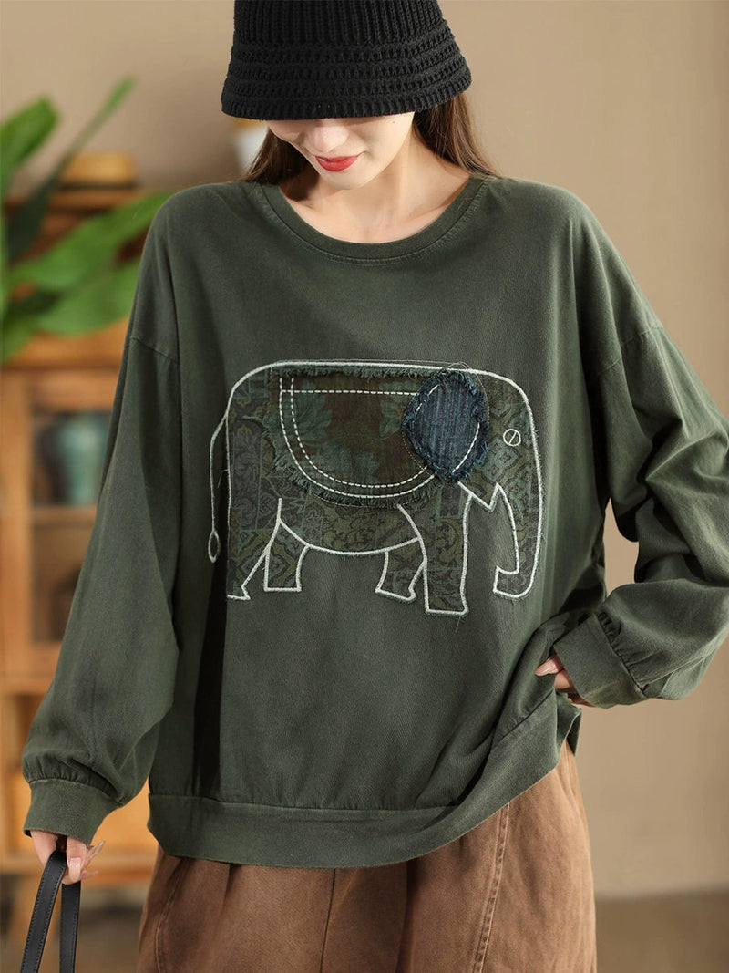 Autumn Patch Elephant O-neck Cotton Sweatshirt Ak1017
