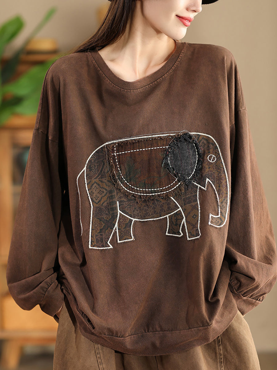 Autumn Patch Elephant O-neck Cotton Sweatshirt Ak1017