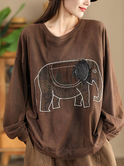 Autumn Patch Elephant O-neck Cotton Sweatshirt Ak1017