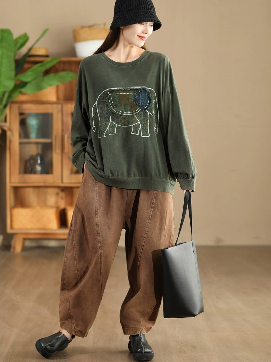 Autumn Patch Elephant O-neck Cotton Sweatshirt Ak1017