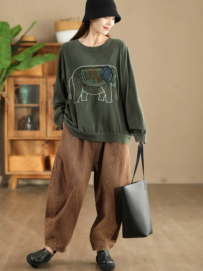 Autumn Patch Elephant O-neck Cotton Sweatshirt Ak1017