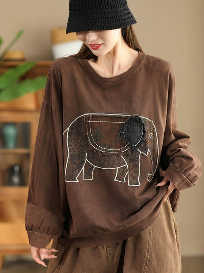 Autumn Patch Elephant O-neck Cotton Sweatshirt Ak1017