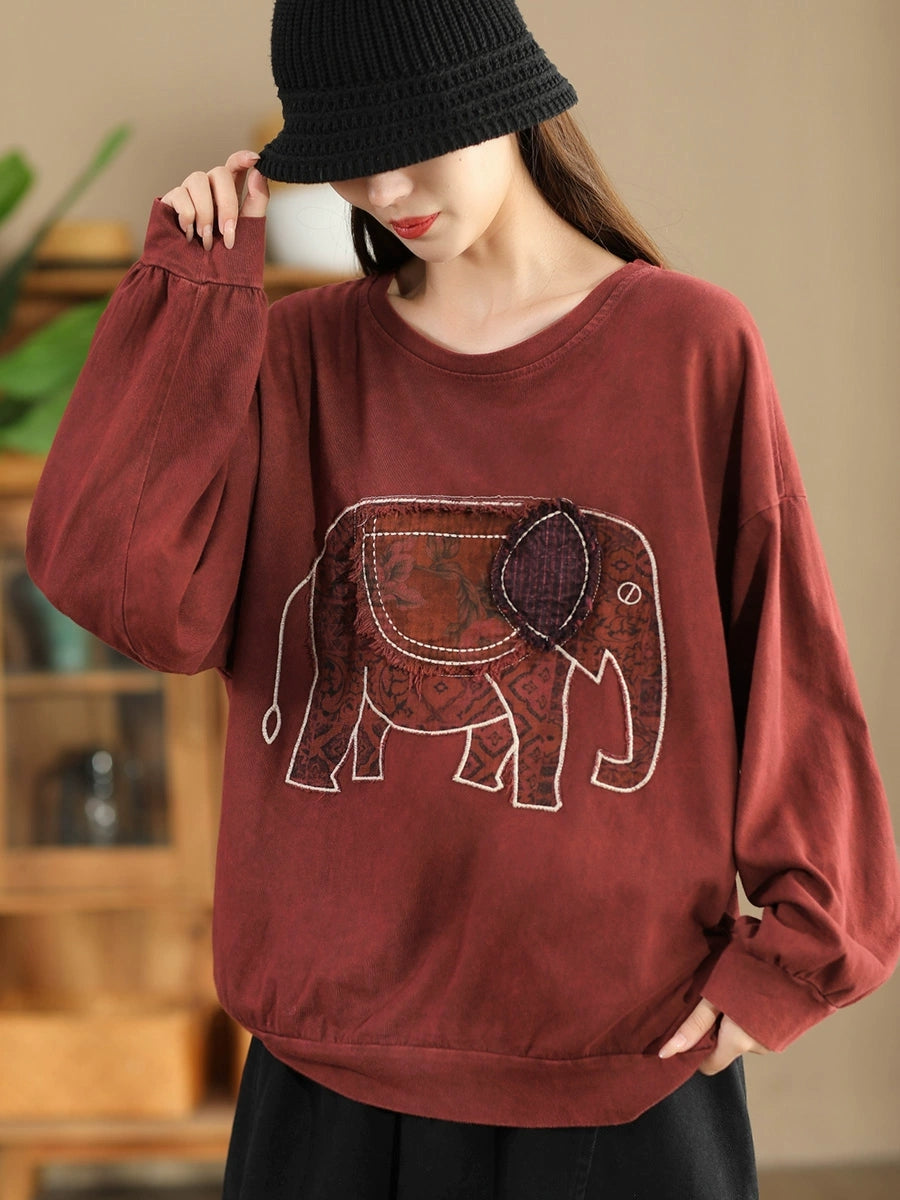 Autumn Patch Elephant O-neck Cotton Sweatshirt Ak1017