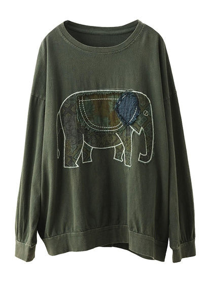 Autumn Patch Elephant O-neck Cotton Sweatshirt Ak1017