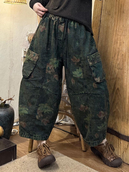 Autumn Retro Flower Denim Spliced Harem Pants Ak1019