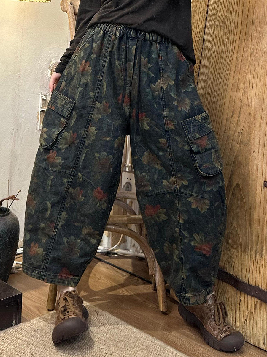 Autumn Retro Flower Denim Spliced Harem Pants Ak1019