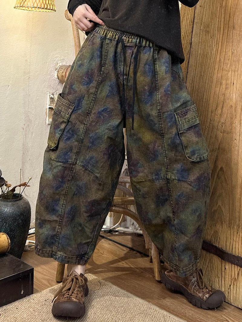 Autumn Retro Flower Denim Spliced Harem Pants Ak1019