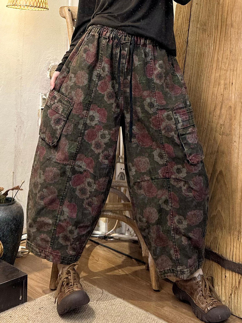 Autumn Retro Flower Denim Spliced Harem Pants Ak1019