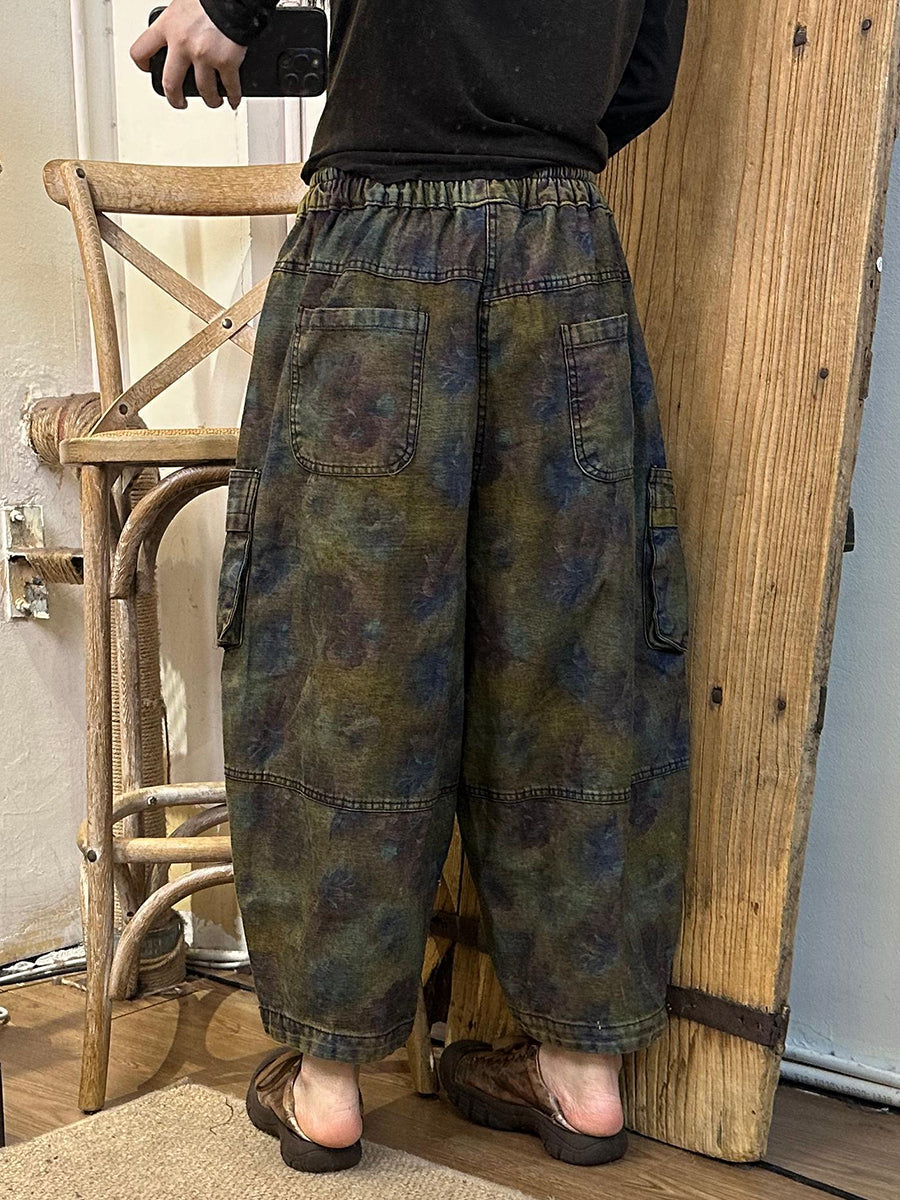 Autumn Retro Flower Denim Spliced Harem Pants Ak1019