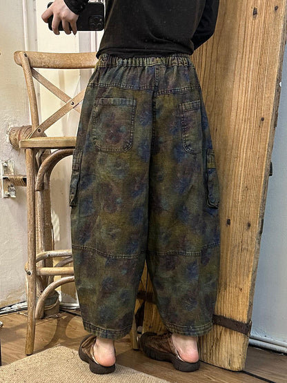 Autumn Retro Flower Denim Spliced Harem Pants Ak1019
