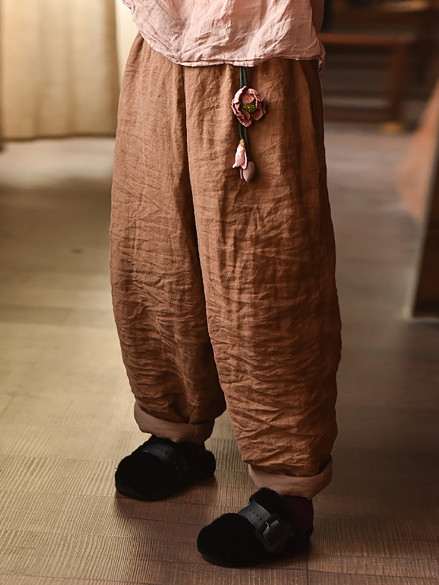 Autumn Retro Pure Color Padded Linen Harem Pants Ak1020