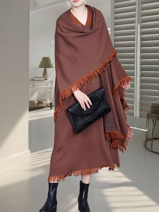 Colorblock Tassel Wool Knit Cardigan Shawl Ah1074