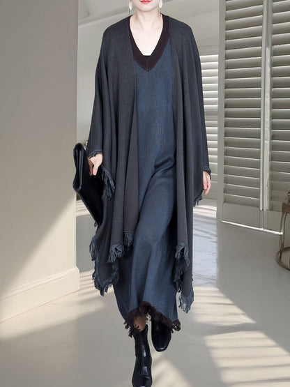 Colorblock Tassel Wool Knit Cardigan Shawl Ah1074