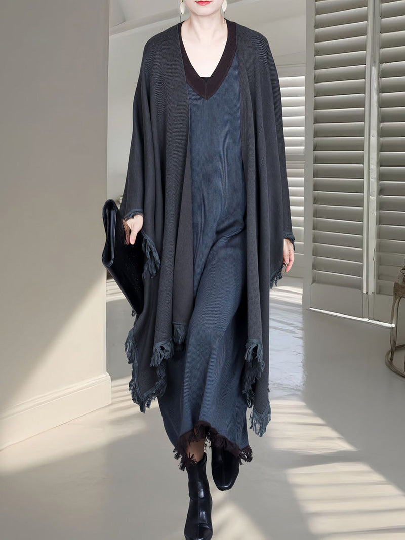 Colorblock Tassel Wool Knit Cardigan Shawl Ah1074