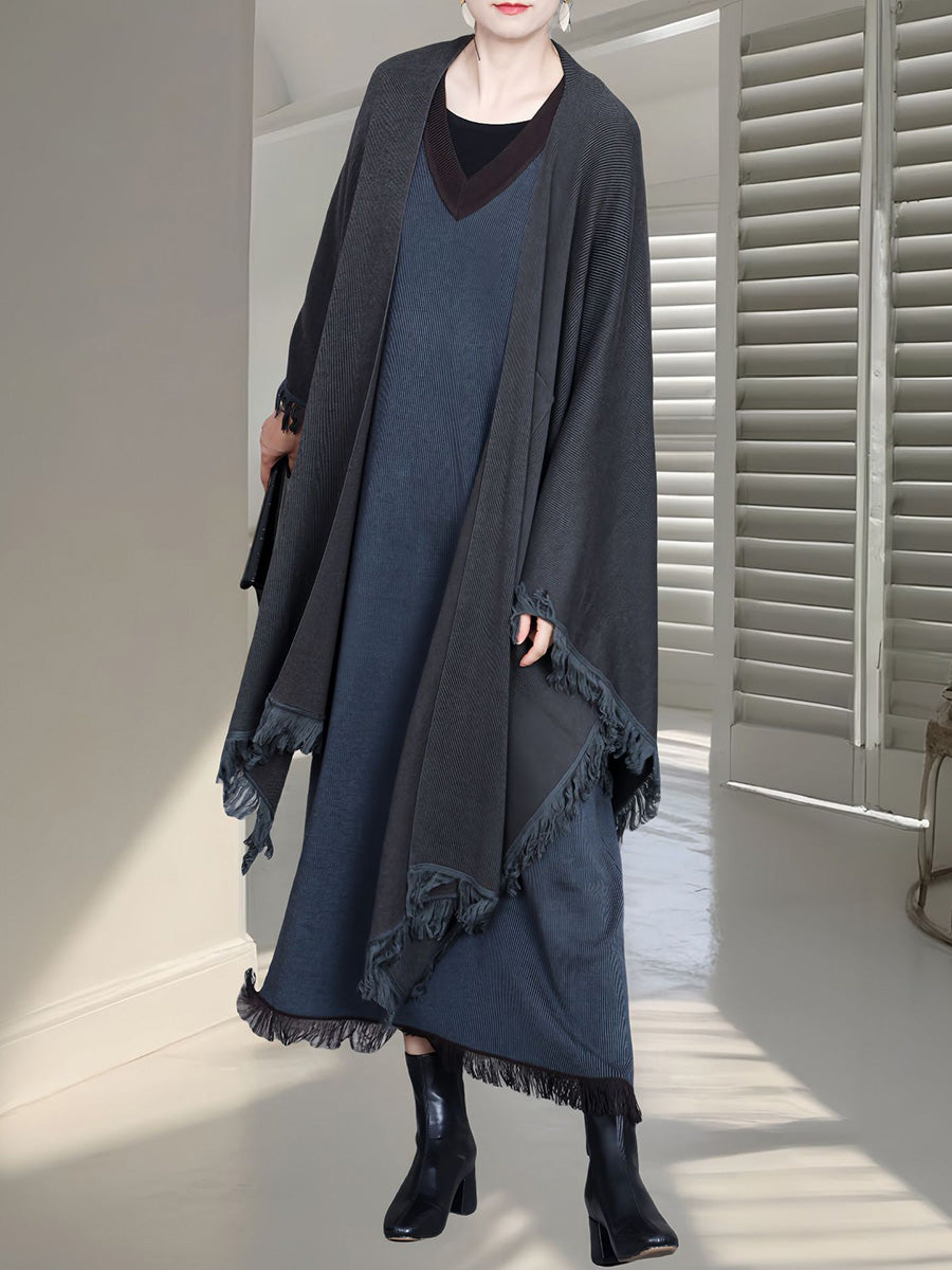 Colorblock Tassel Wool Knit Cardigan Shawl Ah1074