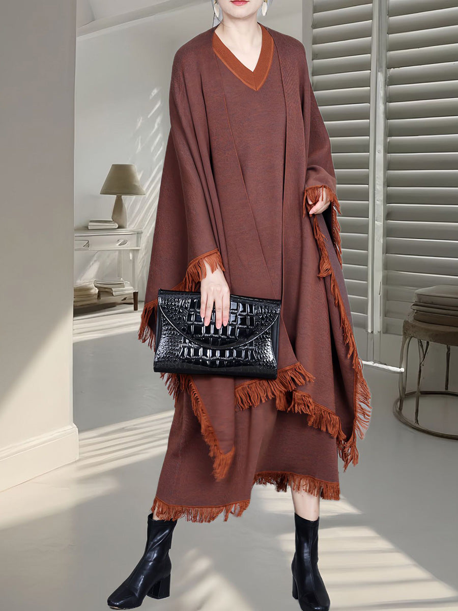 Colorblock Tassel Wool Knit Cardigan Shawl Ah1074