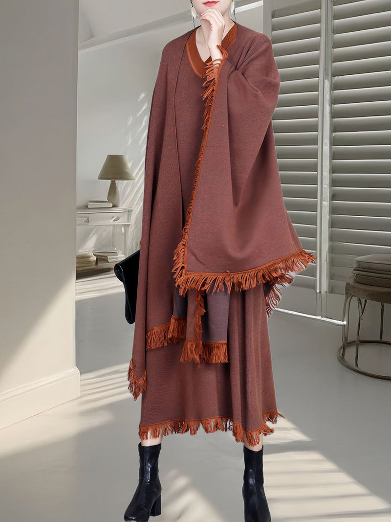Colorblock Tassel Wool Knit Cardigan Shawl Ah1074