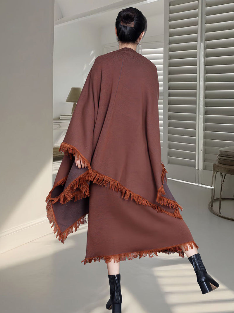 Colorblock Tassel Wool Knit Cardigan Shawl Ah1074