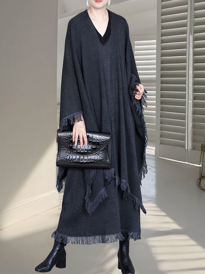 Colorblock Tassel Wool Knit Cardigan Shawl Ah1074
