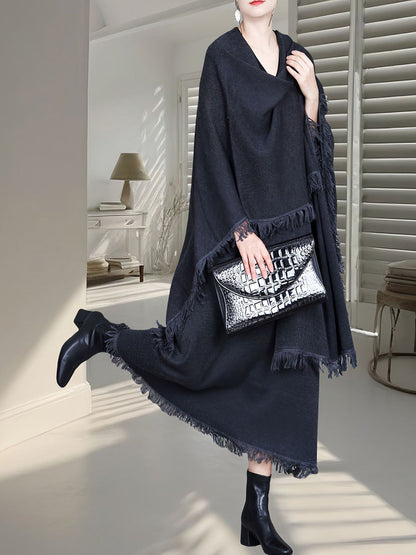 Colorblock Tassel Wool Knit Cardigan Shawl Ah1074