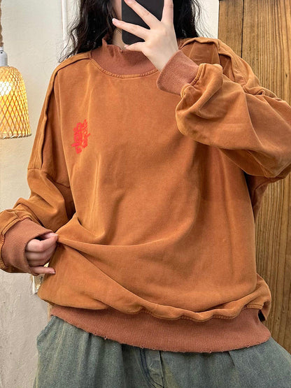Autumn Embroidery Cotton Turtleneck Sweatshirt Ak1030