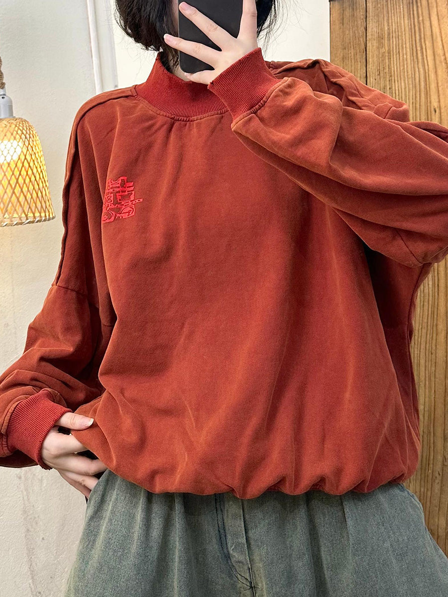 Autumn Embroidery Cotton Turtleneck Sweatshirt Ak1030