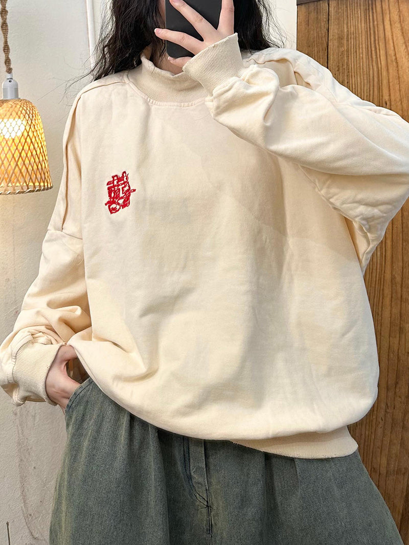 Autumn Embroidery Cotton Turtleneck Sweatshirt Ak1030