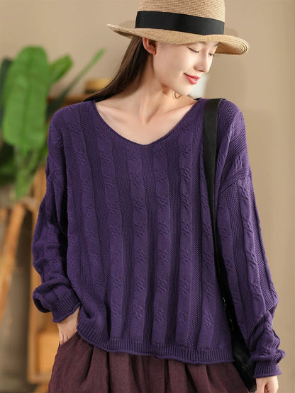 Artsy Autumn Cotton V-neck Knit Sweater Ak1026